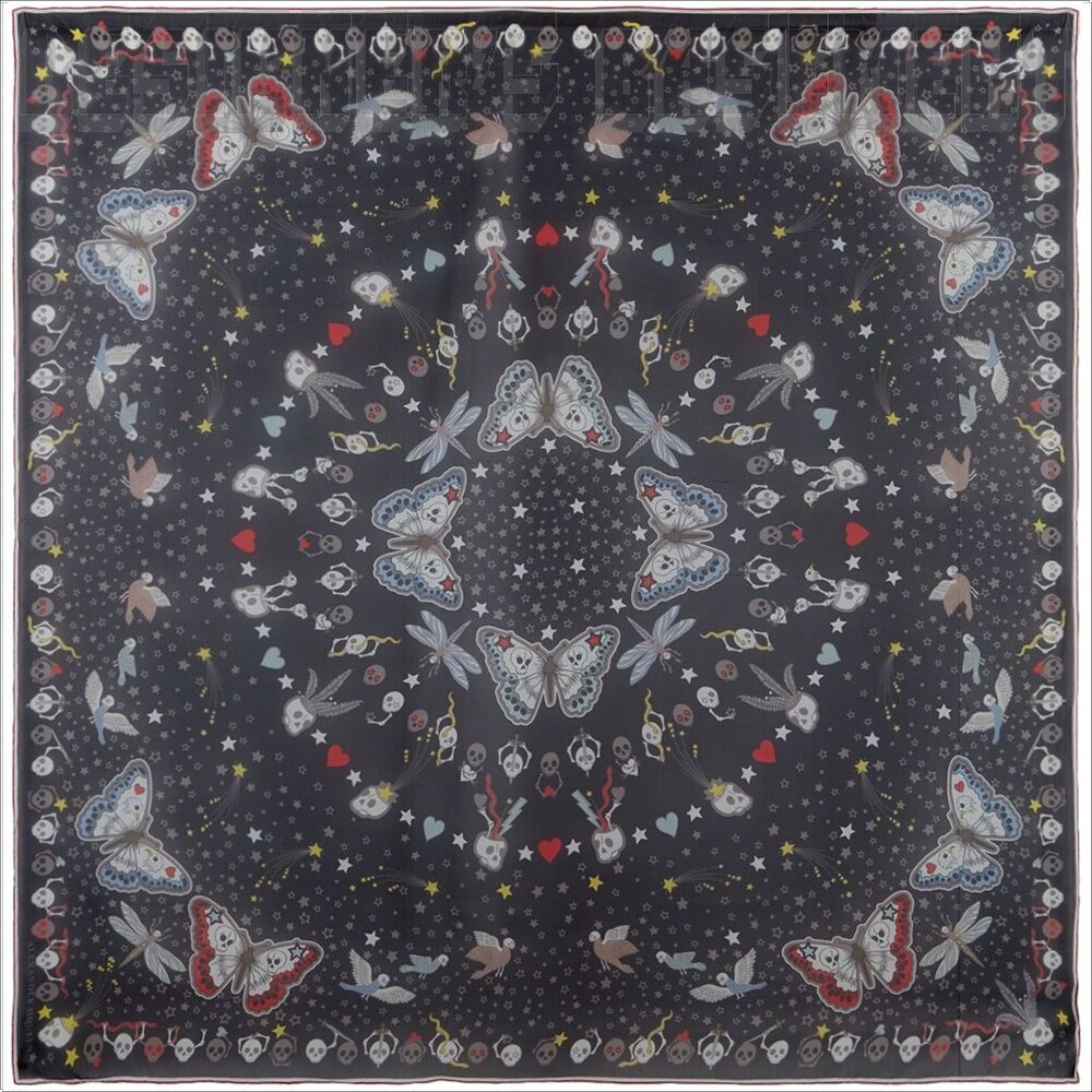 ALEXANDER MCQUEEN black sheer butterfly PARTY SKULL print 52"-square scarf shawl